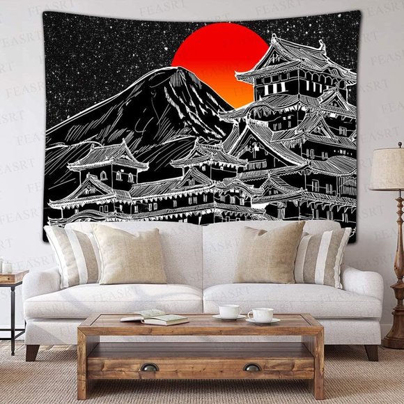 Japanese Fuji Mountain Art Chinese Dojo BlackWhite Sunset Graphic Print Tapestry - Picture 6 of 6